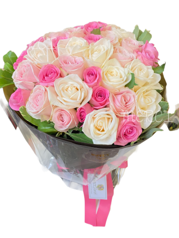 **KBQ505** Cream, Pink and Light Pink 60 pcs Round Bouquet <br>米色, 粉色, 淡粉玫瑰圓形花束 