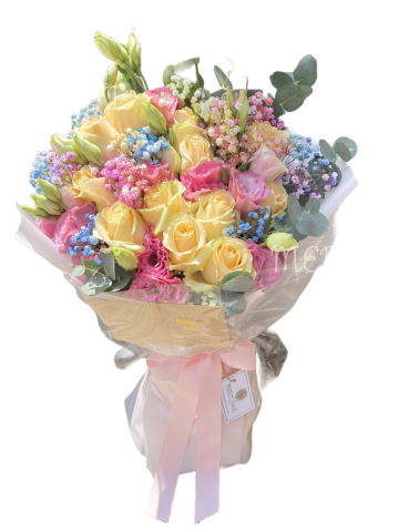 **KBQ551** Champagne roses with pastel stars flower Long Bouquet<br>香檳玫瑰7彩星花長形花束 
